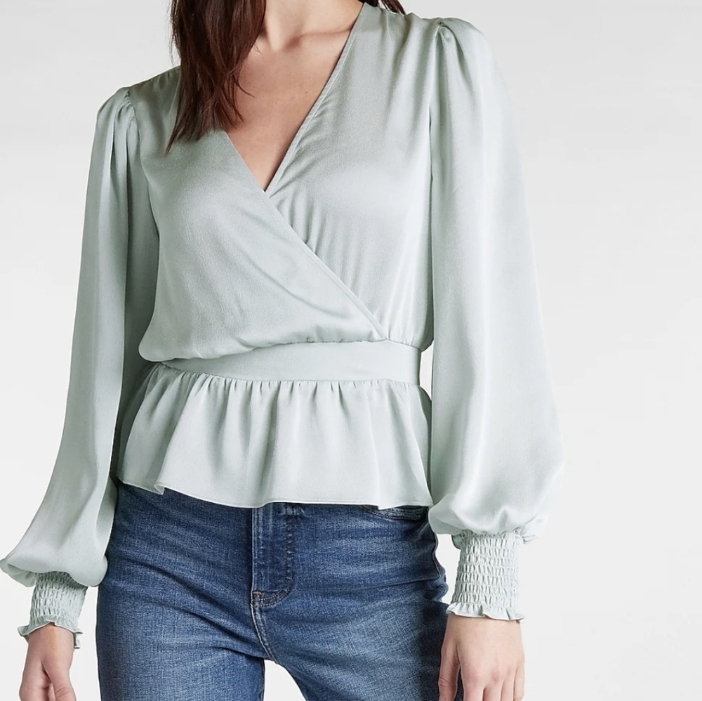 Express Mint Green Blouse S V-Neck Smocked Cuff Peplum Top Mint Green